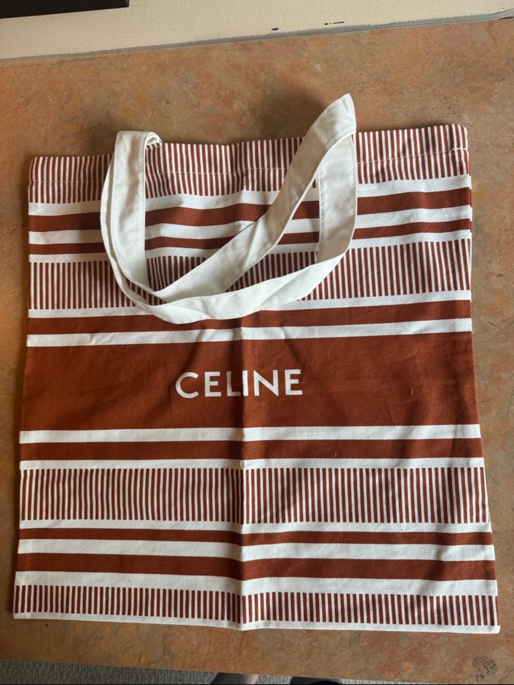 Celine Rust and Cream Striped Canvas Tote